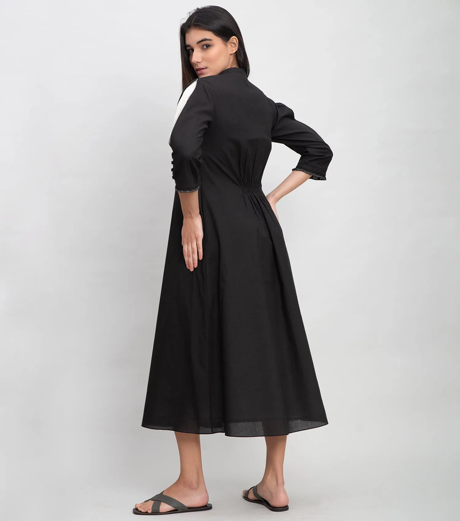 Black Cotton Midi Dress With Thread Cut Work Yoke