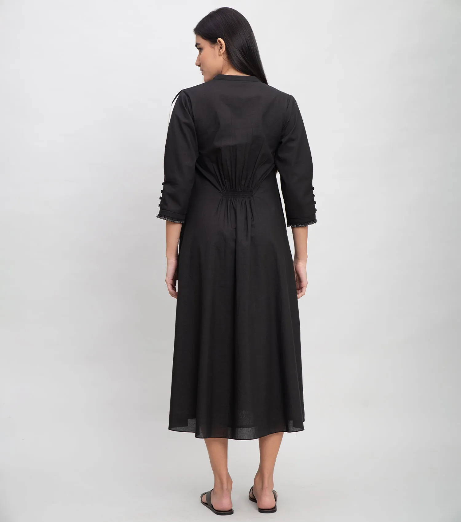 Black Cotton Midi Dress With Thread Cut Work Yoke