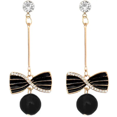 Black Faux Pearl Thin Bar Bow Earrings