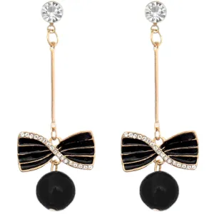 Black Faux Pearl Thin Bar Bow Earrings