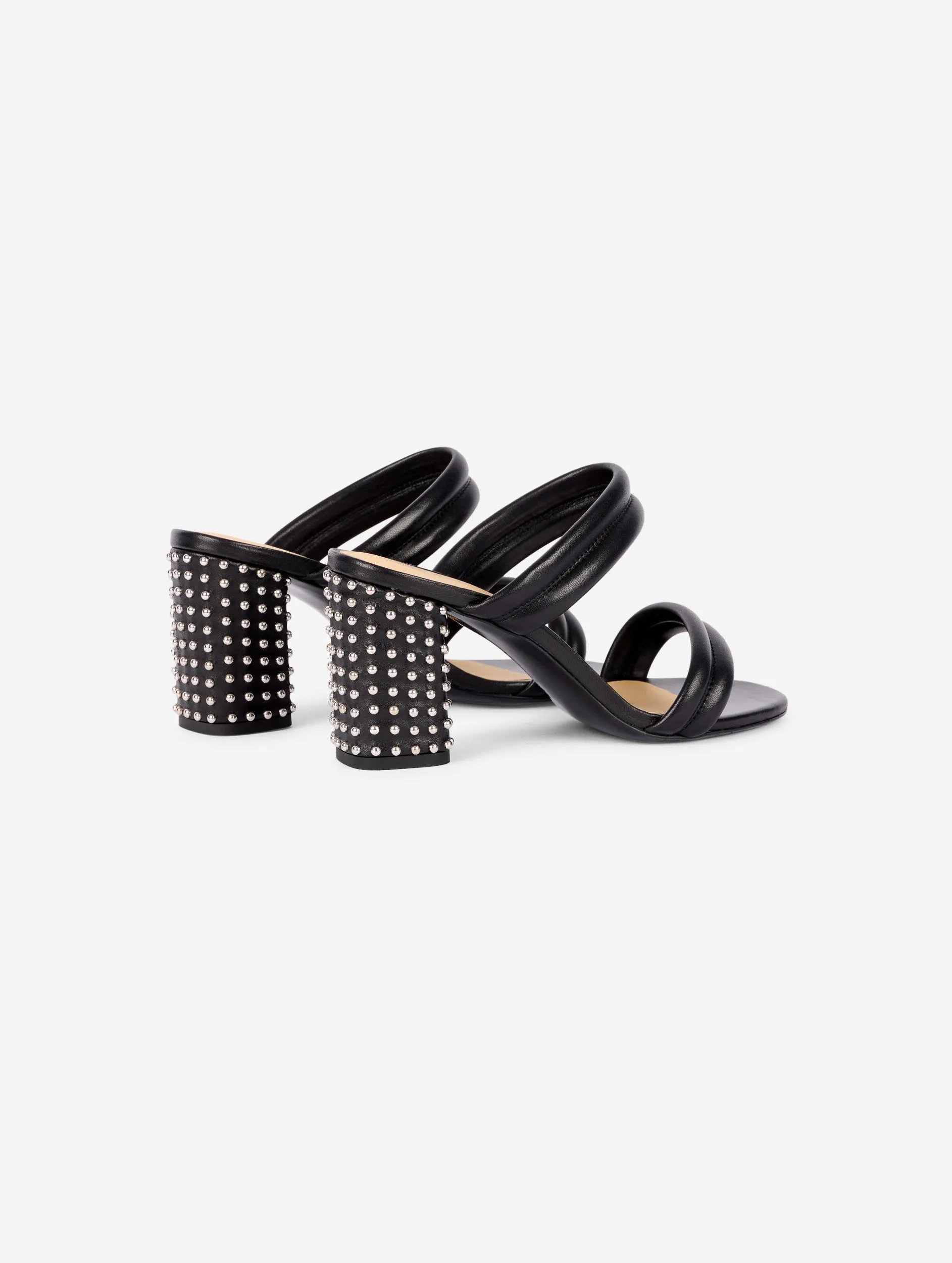 Black leather sandals with nickel studded heel