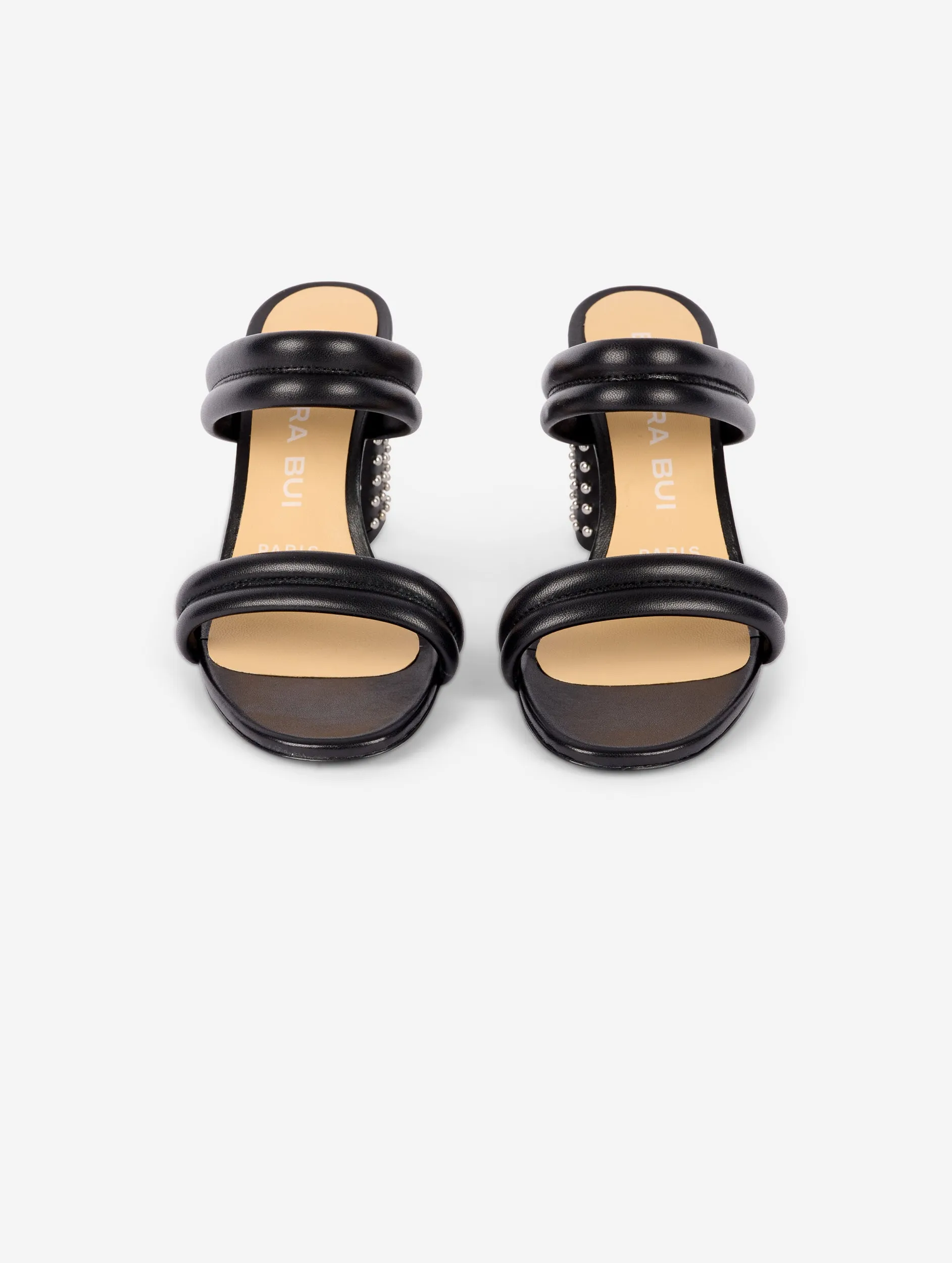 Black leather sandals with nickel studded heel