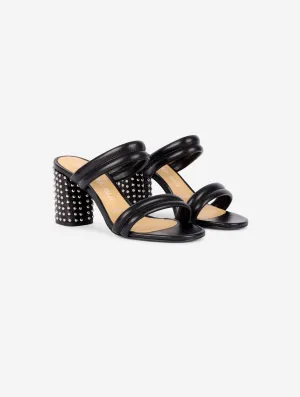 Black leather sandals with nickel studded heel