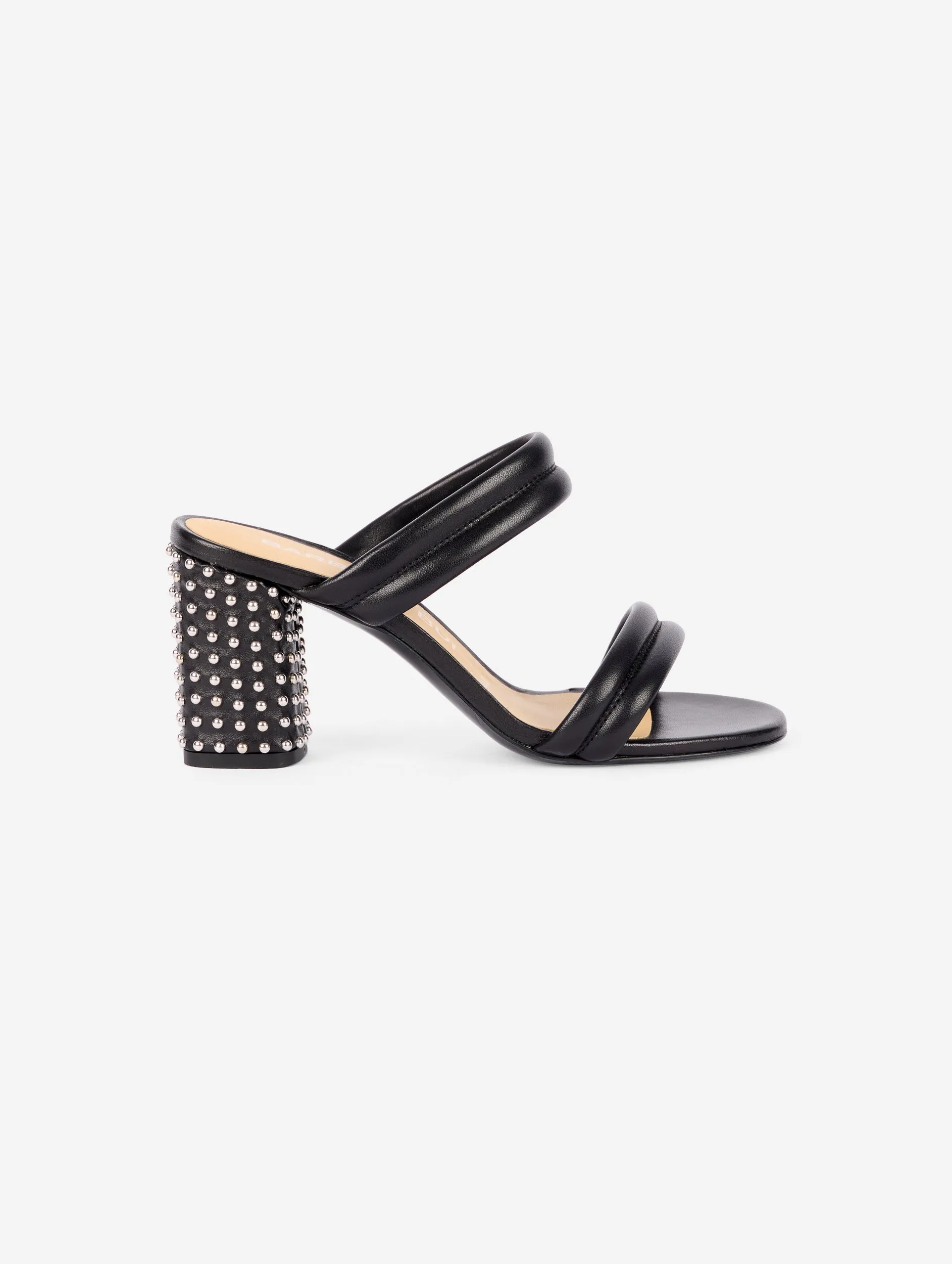 Black leather sandals with nickel studded heel