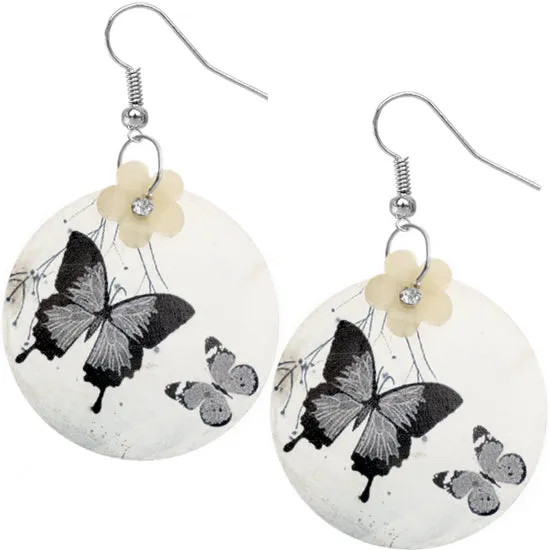 Black White Thin Shell Butterfly Drop Earrings