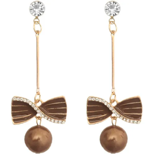 Brown Faux Pearl Thin Bar Bow Earrings