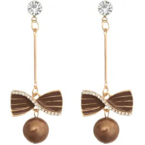 Brown Faux Pearl Thin Bar Bow Earrings