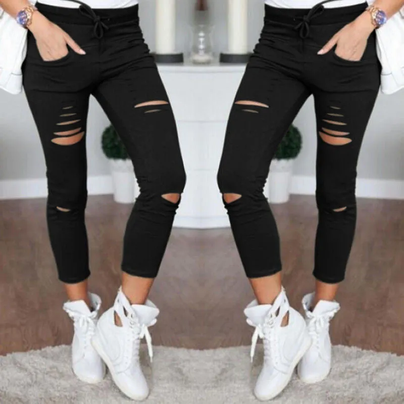 Cut Out Women's Pants Thin Casual Drawstring Trousers For Women White Long Cargo Pantalon Plus Pants Women