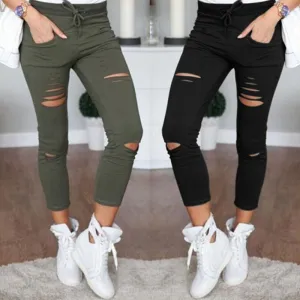 Cut Out Women's Pants Thin Casual Drawstring Trousers For Women White Long Cargo Pantalon Plus Pants Women