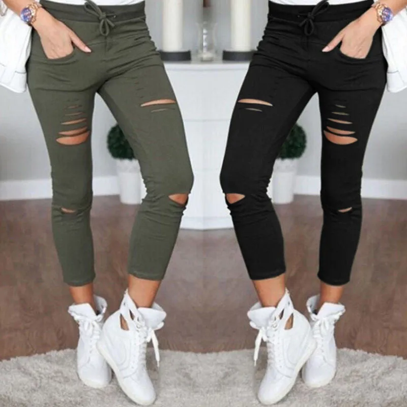 Cut Out Women's Pants Thin Casual Drawstring Trousers For Women White Long Cargo Pantalon Plus Pants Women
