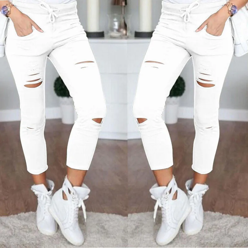 Cut Out Women's Pants Thin Casual Drawstring Trousers For Women White Long Cargo Pantalon Plus Pants Women