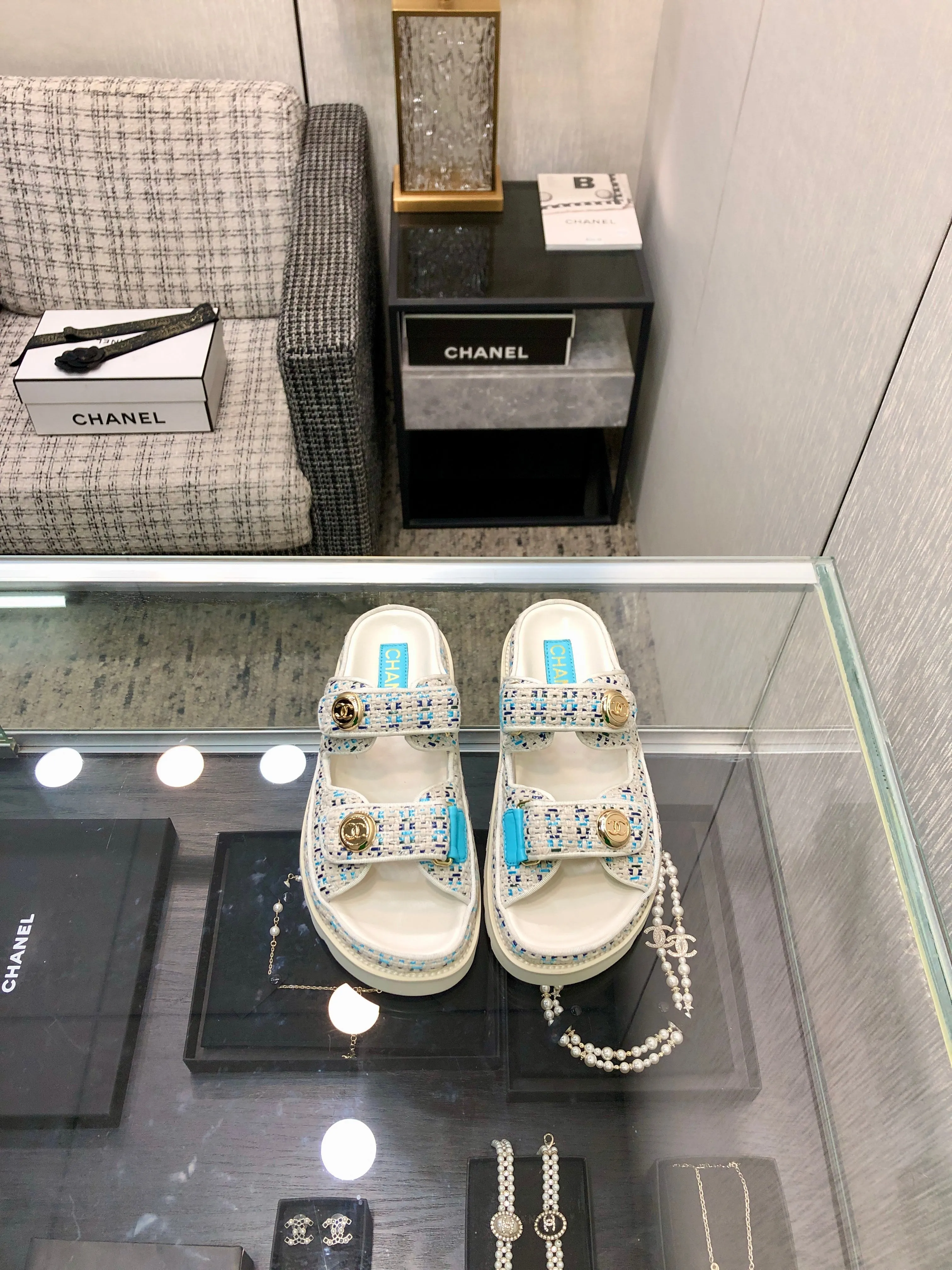 DAD SANDAL MULE IN WHITE MIX LIGHT BLUE TWEED FABRIC