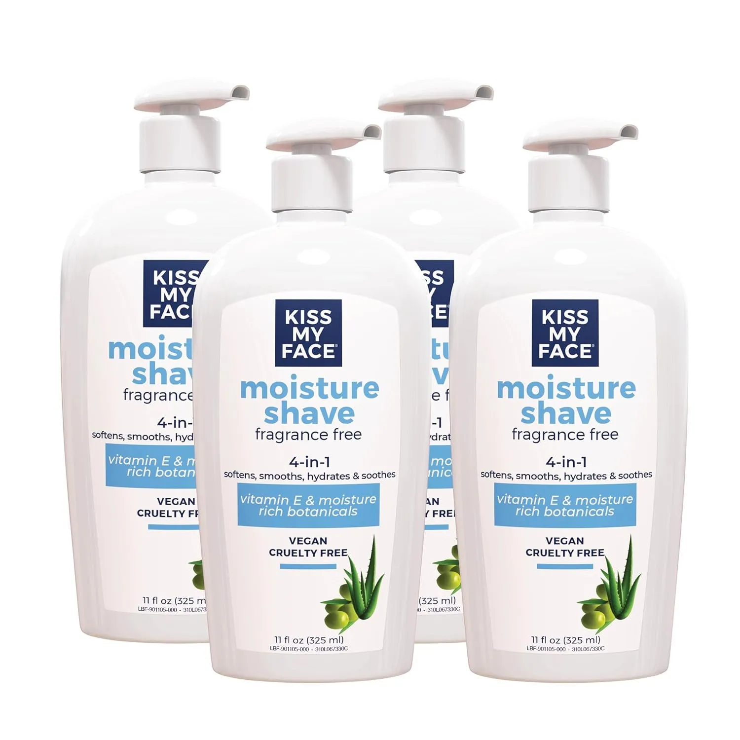 Fragrance Free Moisture Shave, 4 in 1 Shaving Cream, Cruelty Free and Vegan, with Added Olive Oil and Aloe Leaf Extract, Vitamin E Rich, 11 Fl Oz Pump Bottle