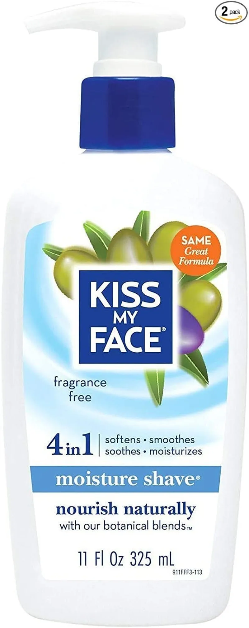 Fragrance Free Moisture Shave, 4 in 1 Shaving Cream, Cruelty Free and Vegan, with Added Olive Oil and Aloe Leaf Extract, Vitamin E Rich, 11 Fl Oz Pump Bottle