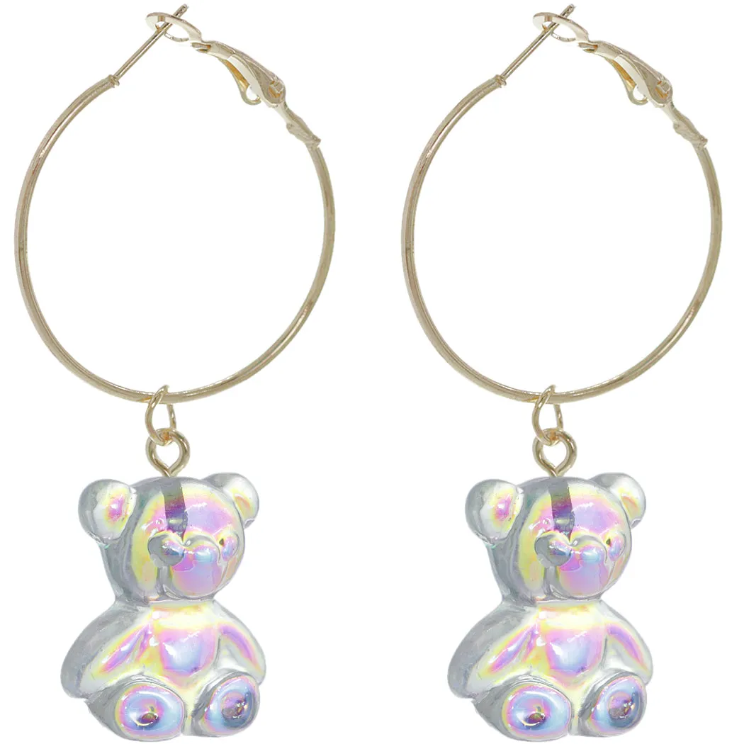 Gold Clear Iridescent Bear Mini Hoop Earrings