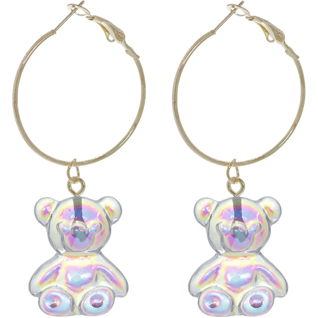 Gold Clear Iridescent Bear Mini Hoop Earrings
