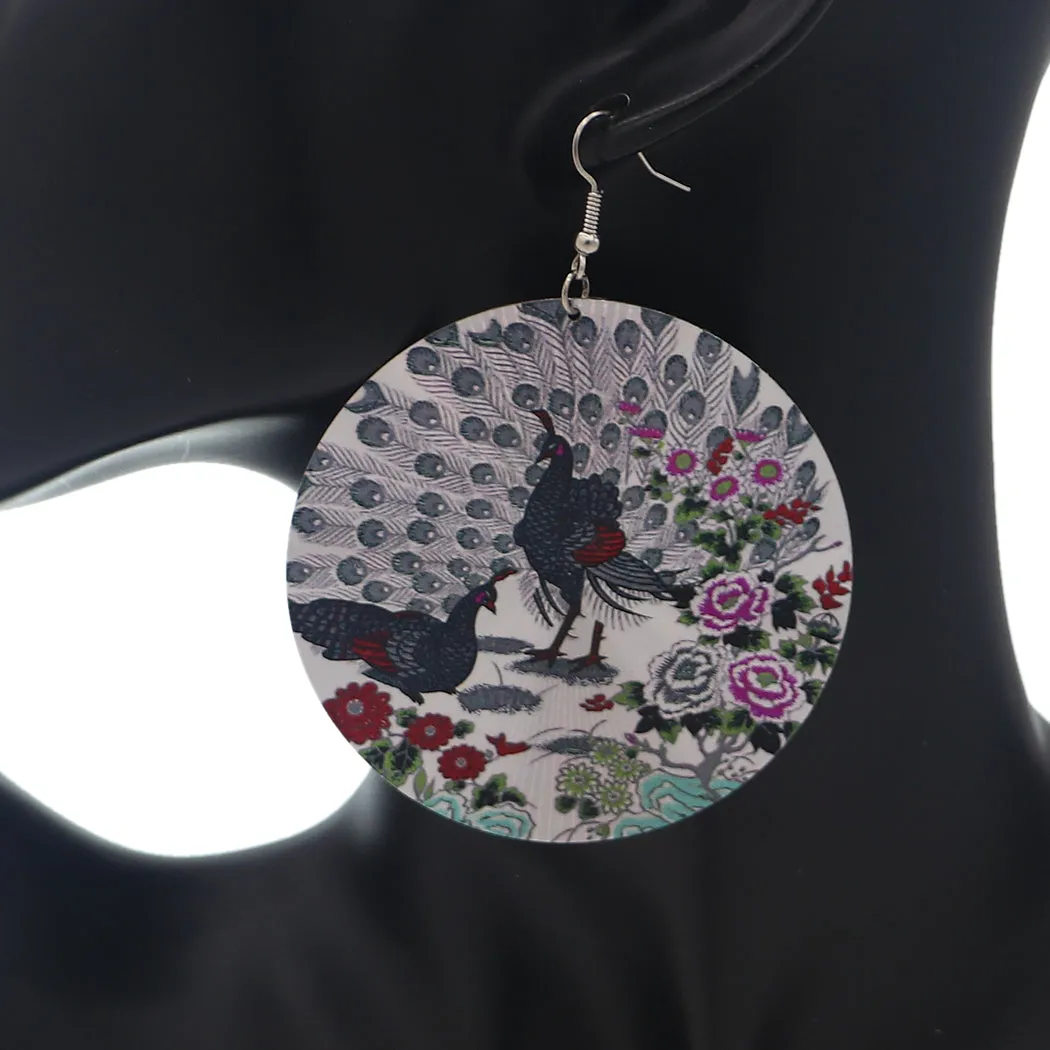 Gray Indian Peafowl Peacock Thin Earrings
