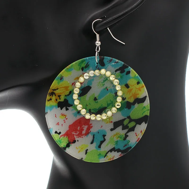 Green Multicolor Floral Pattern Thin Disk Earrings