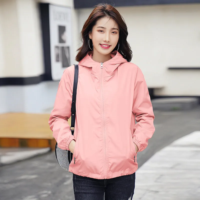 INSTOCK- thin jacket for women solid color hooded windbreaker