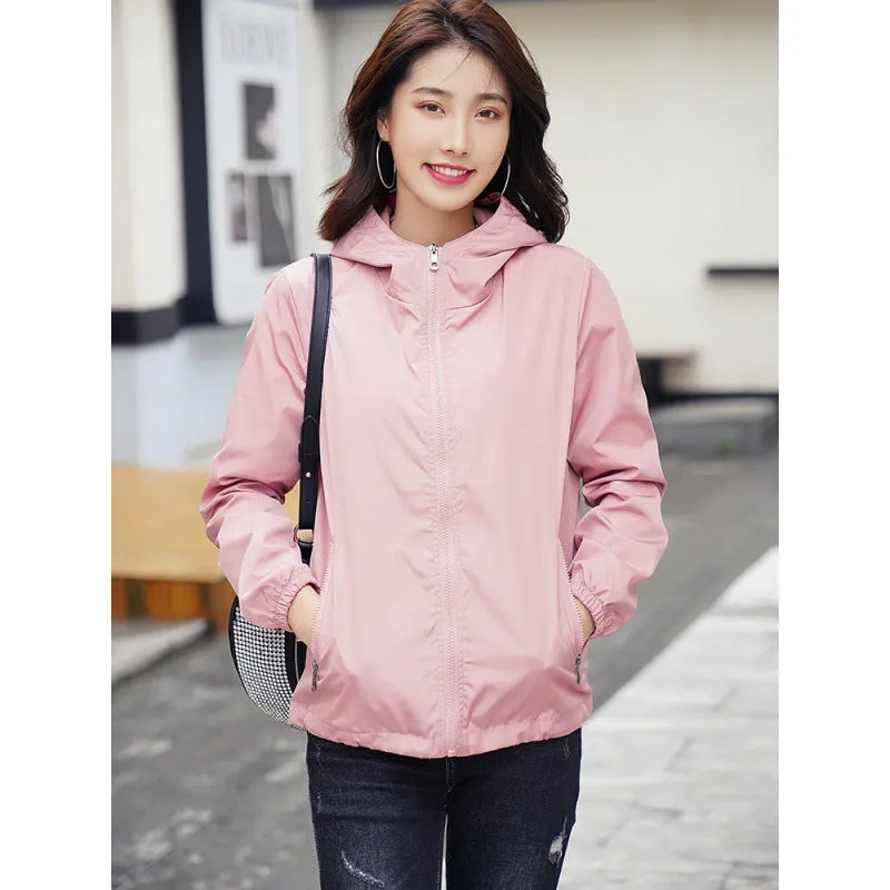 INSTOCK- thin jacket for women solid color hooded windbreaker