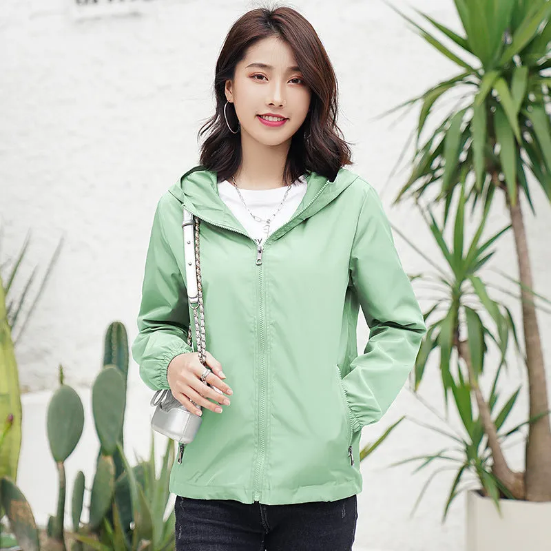 INSTOCK- thin jacket for women solid color hooded windbreaker