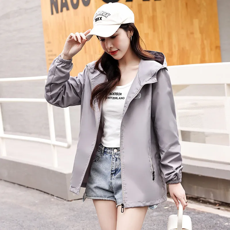 INSTOCK- thin jacket for women solid color hooded windbreaker