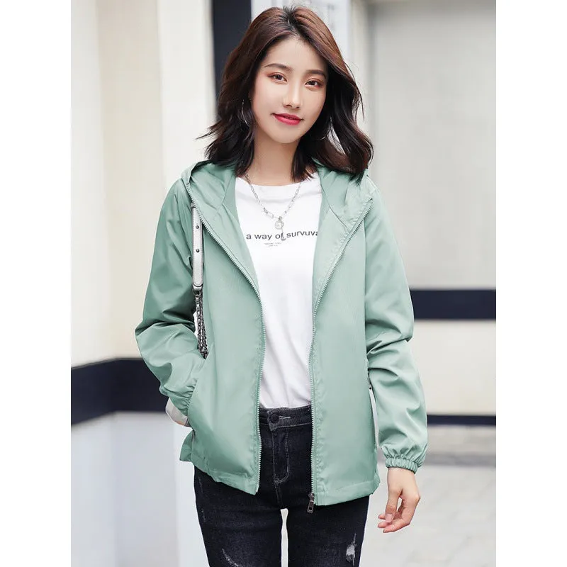 INSTOCK- thin jacket for women solid color hooded windbreaker