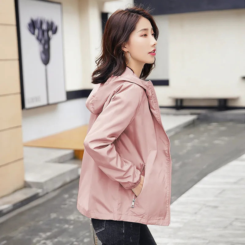 INSTOCK- thin jacket for women solid color hooded windbreaker