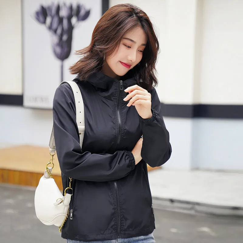 INSTOCK- thin jacket for women solid color hooded windbreaker