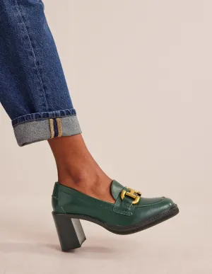 Iris Absatz-Loafer mit Trensendetail-Dunkelgrünes Leder