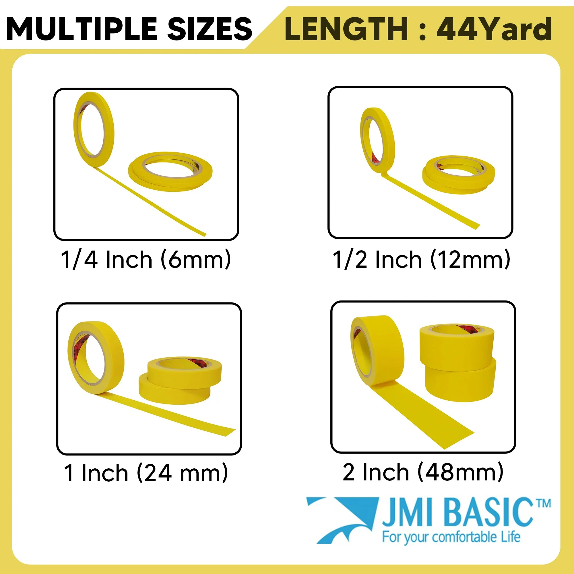 JMIBASIC Yellow Painters Tape for Car Paint - 3 Roll Multi Size Automotive Masking Tape