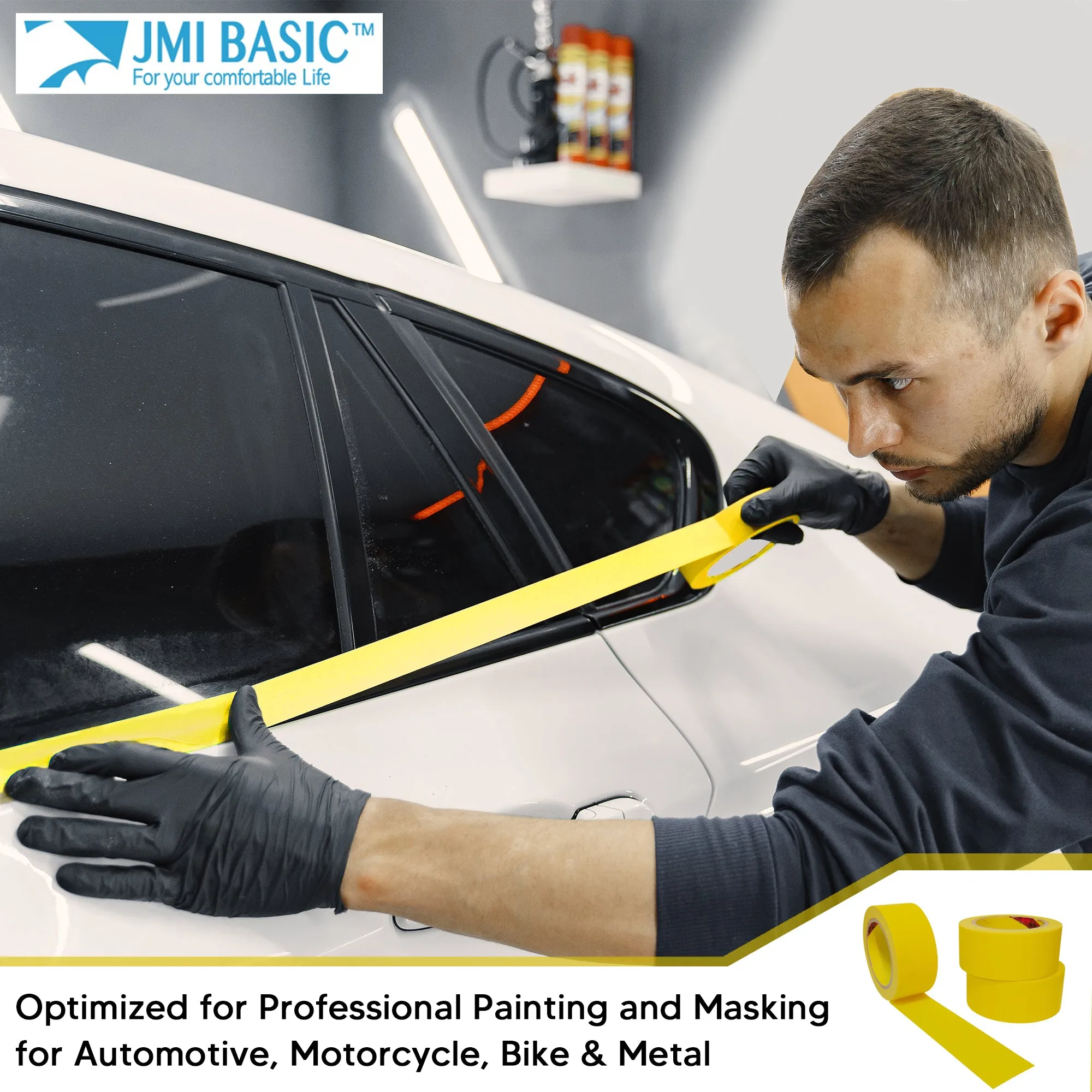 JMIBASIC Yellow Painters Tape for Car Paint - 3 Roll Multi Size Automotive Masking Tape