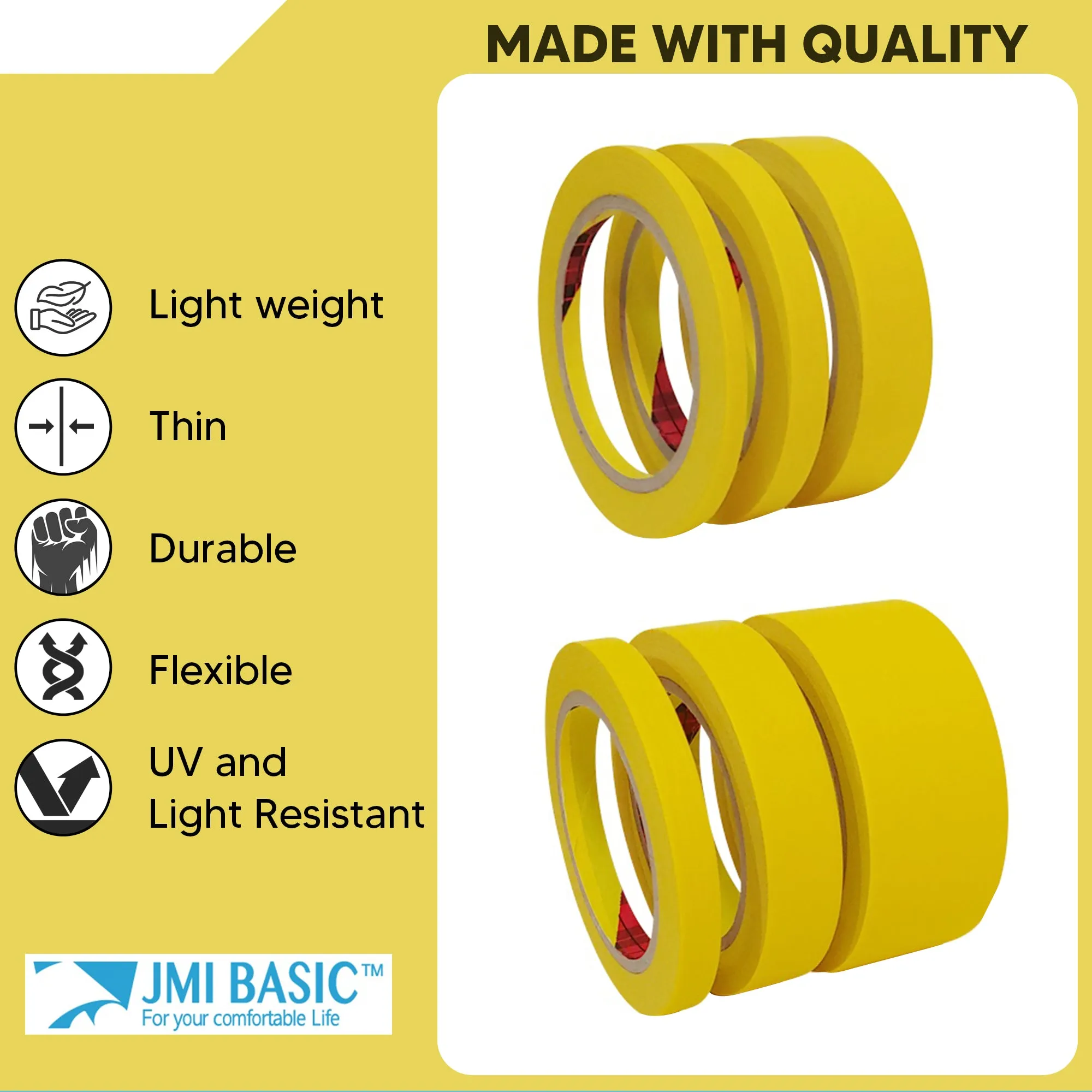 JMIBASIC Yellow Painters Tape for Car Paint - 3 Roll Multi Size Automotive Masking Tape
