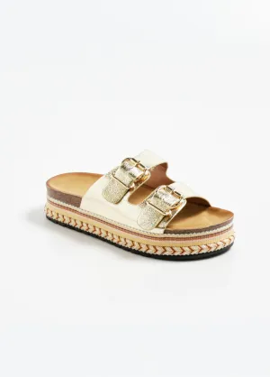 Metallic wedge mules with anatomical sole