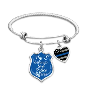 My Heart Belongs To A Police Officer Thin Blue Line Charm Bracelet