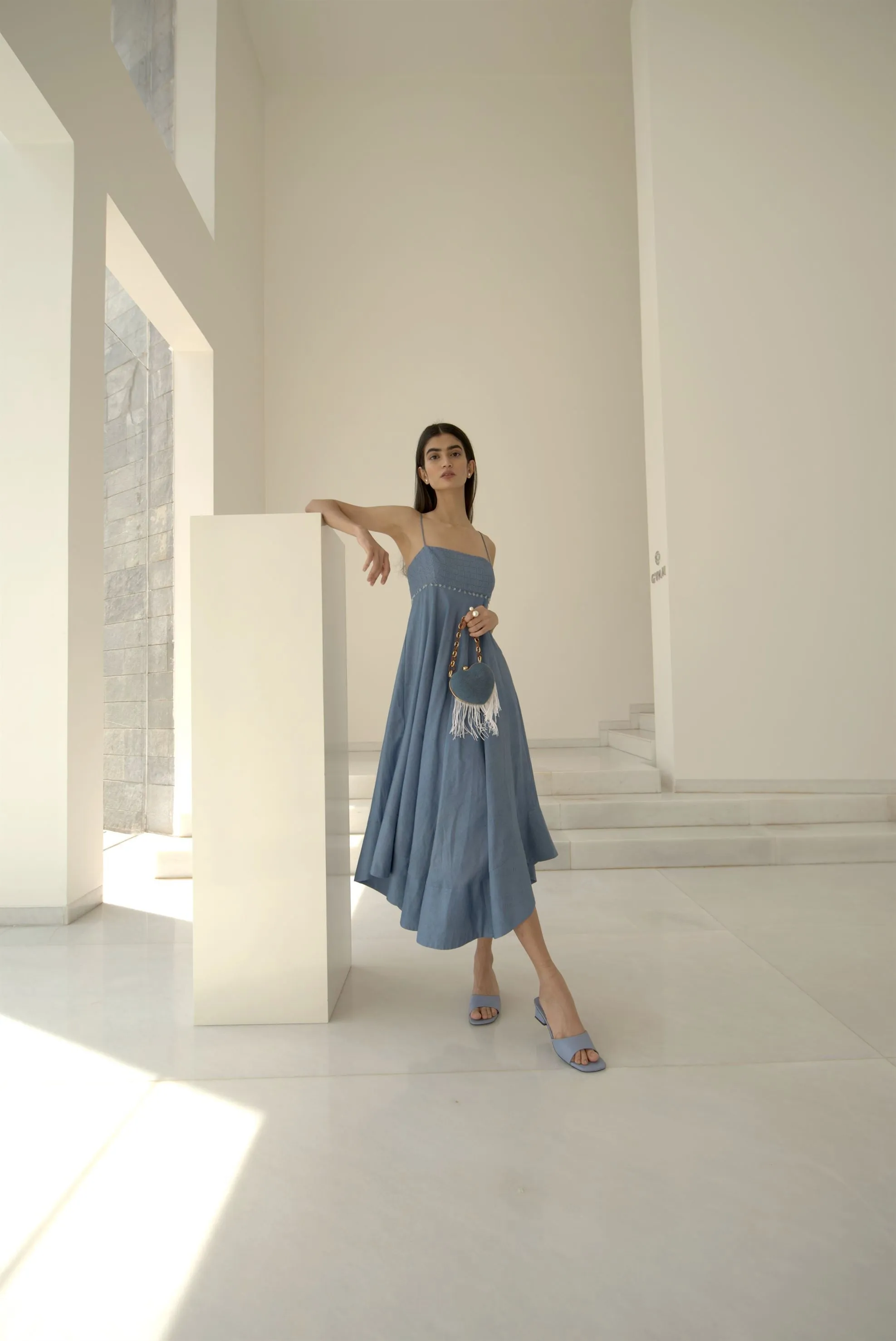 New Season Summer to Fall 2024-Dress Flared Silk Cerulean Blue-B/TS/054-Suzanne-Fashion Edit Hemji