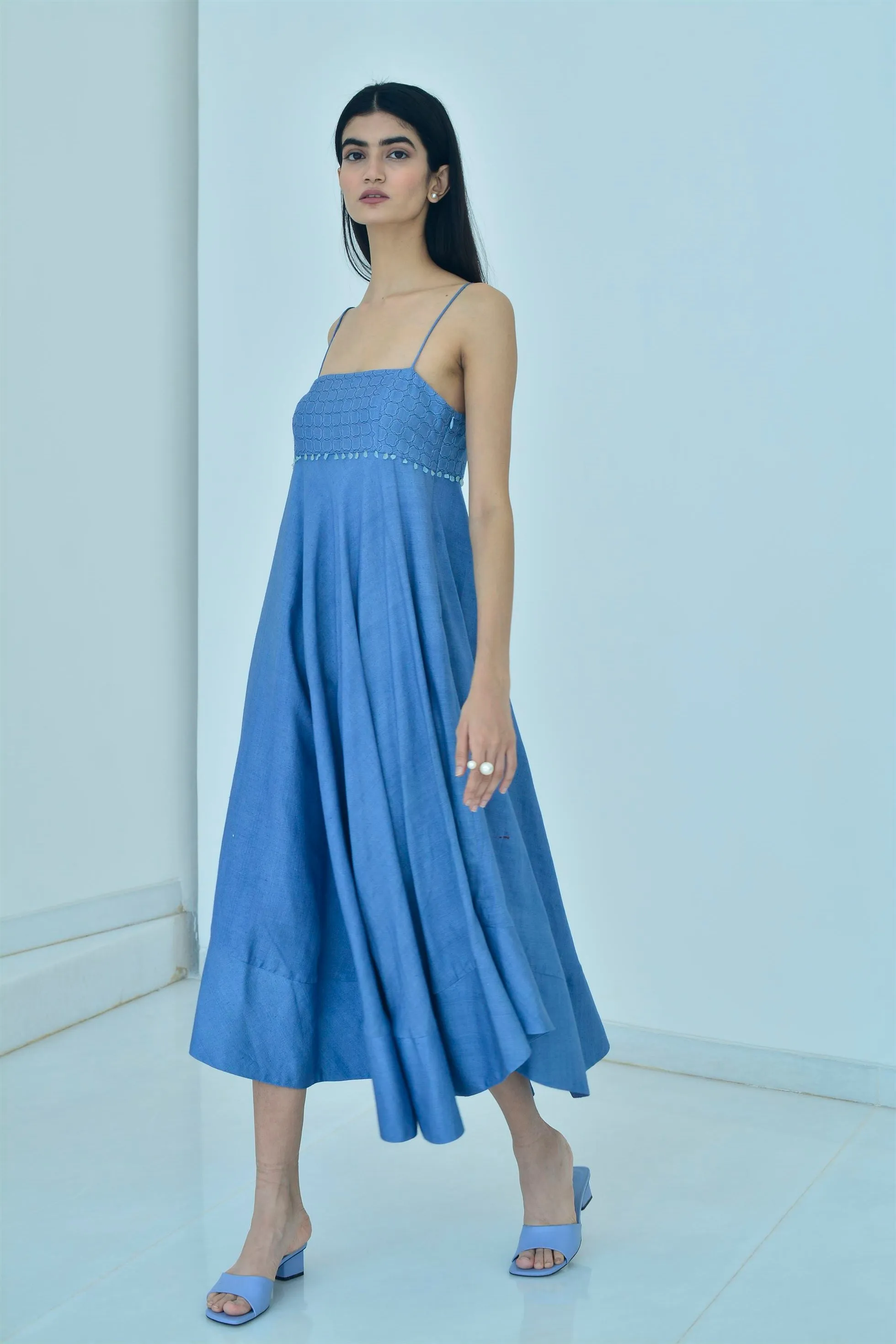 New Season Summer to Fall 2024-Dress Flared Silk Cerulean Blue-B/TS/054-Suzanne-Fashion Edit Hemji