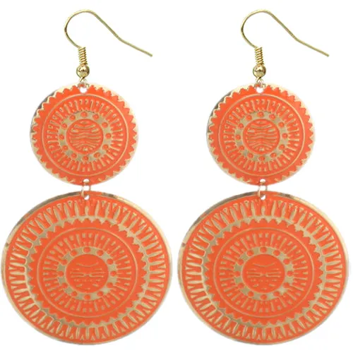 Orange Thin Double Disk Dangle Earrings