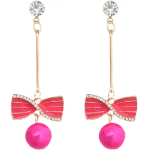Pink Faux Pearl Thin Bar Bow Earrings