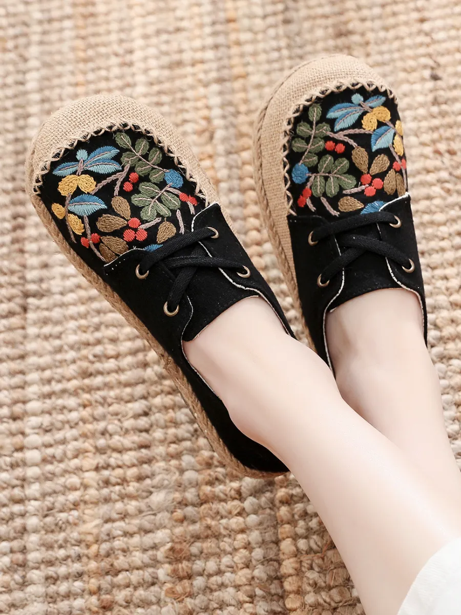Playground Embroidered Linen Boat Shoes - Black