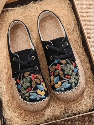 Playground Embroidered Linen Boat Shoes - Black