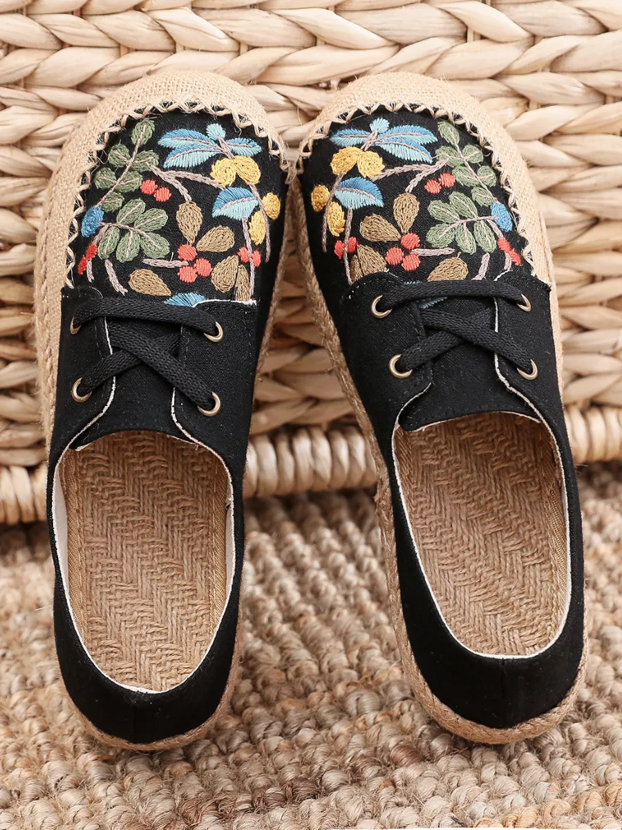 Playground Embroidered Linen Boat Shoes - Black