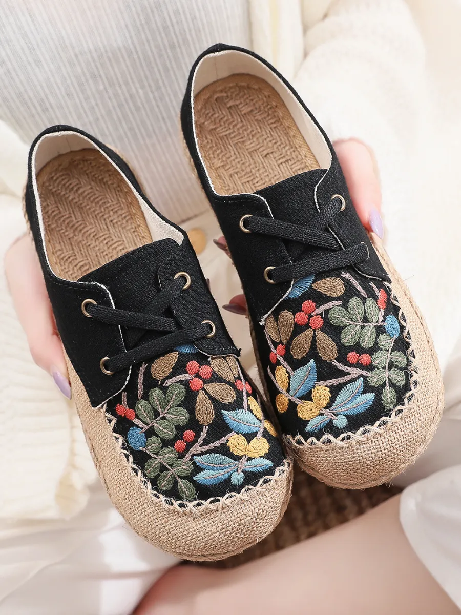 Playground Embroidered Linen Boat Shoes - Black