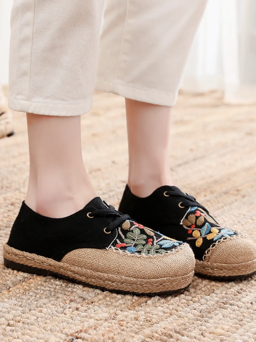 Playground Embroidered Linen Boat Shoes - Black