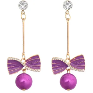 Purple Faux Pearl Thin Bar Bow Earrings
