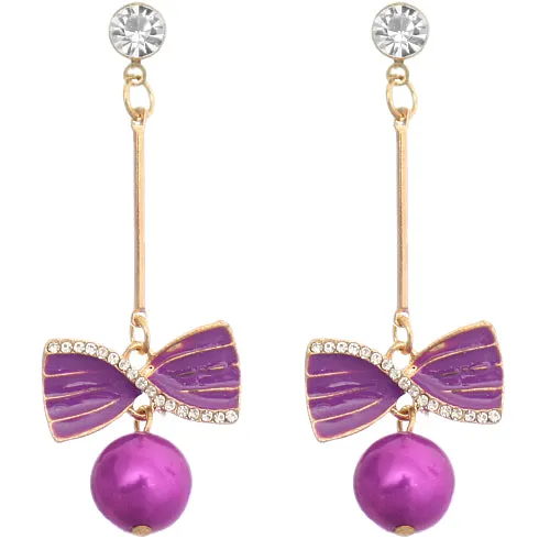 Purple Faux Pearl Thin Bar Bow Earrings
