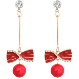 Red Faux Pearl Thin Bar Bow Earrings