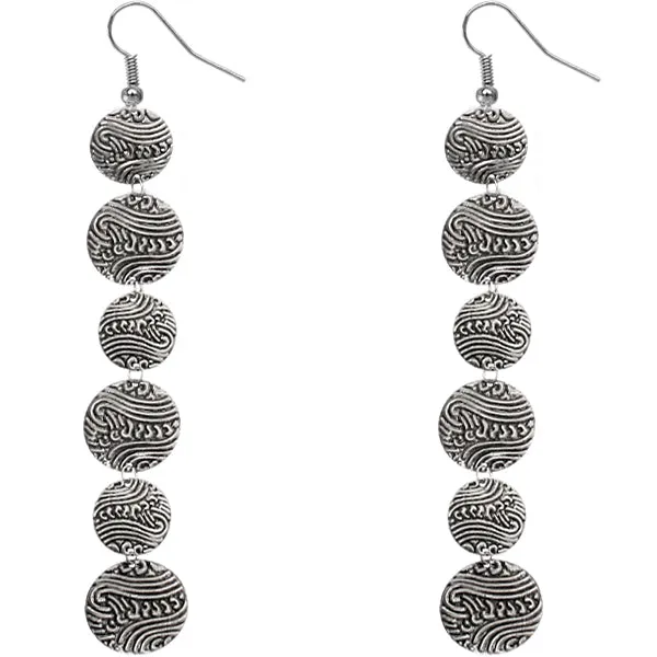 Silver Long Thin Swirl Disc Drop Earrings