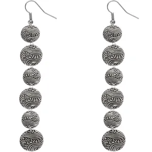 Silver Long Thin Swirl Disc Drop Earrings