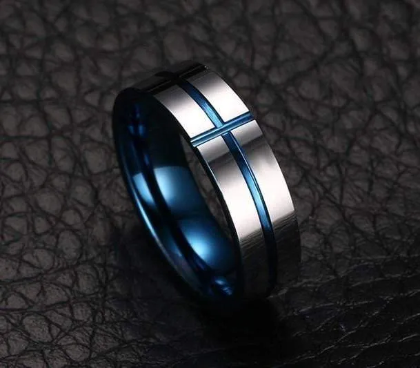 Stunning Cross Thin Blue Line Inspired Ring - Pure Tungsten Carbide!